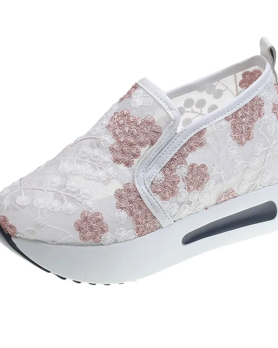 Trendsi white slip on platform sneakers with pink floral lace design and cushioned sole