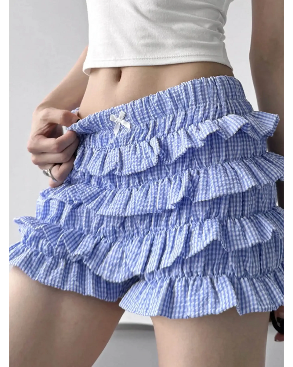 Babe Beachwear casual shorts with flouncy Ruffle bottoms for women and teens in blue and white pattern