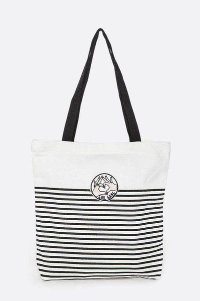 Babe Beachwear girl gang canvas tote bag with black and white stripes and black handles
