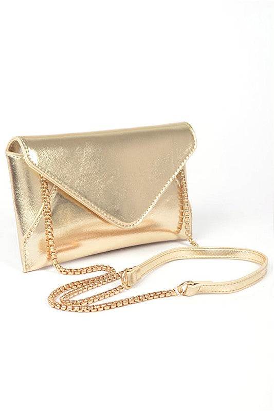 Babe Beachwear gold envelope clutch for women with chain strap and sleek metallic finish