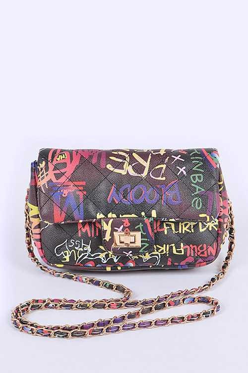 Babe Beachwear Graffiti Luxury Quilted Shoulder Bag with colorful graffiti print and chain strap
