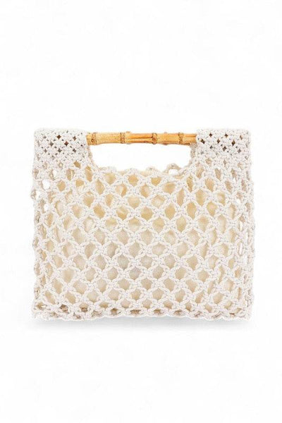 Artini Accessories crochet bamboo handle clutch in cream with open weave design and bamboo handles
