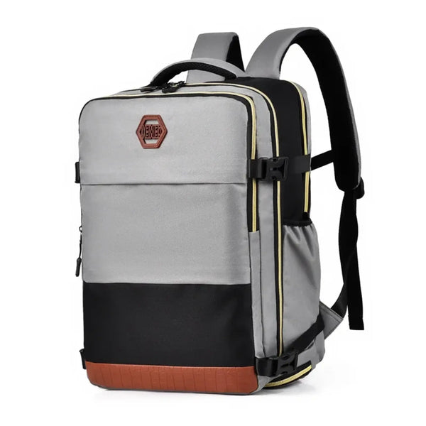 Himawari Carry On Travel Backpack by Babe Beachwaer in gray black with brown base and adjustable straps