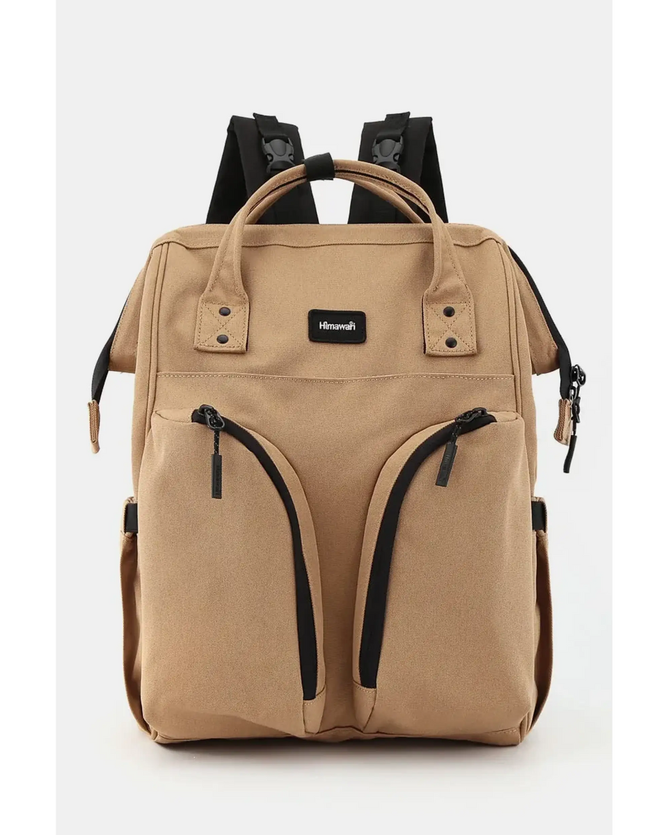 Large capacity waterproof back pack Himawari in tan color with multiple zippered pockets and padded straps