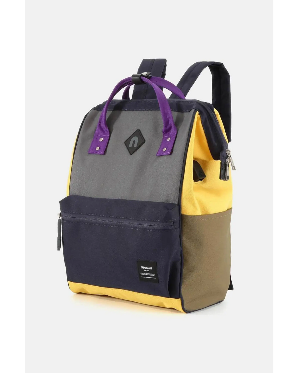 Himawari stylish summer backpack for women in yellow gray and navy with purple handles
