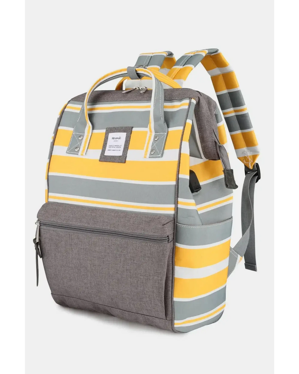 Himwari Large waterproof backpack by Babe Beachwaer with yellow gray and white stripes and front zipper pocket