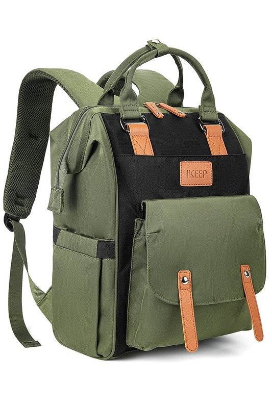 Himawari Crazy Pocket Backpack by Babe Beachwear in green and black with multiple pockets and leather accents