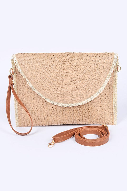 Babe Beachwear khaki convertible straw purse with detachable brown strap and textured woven design