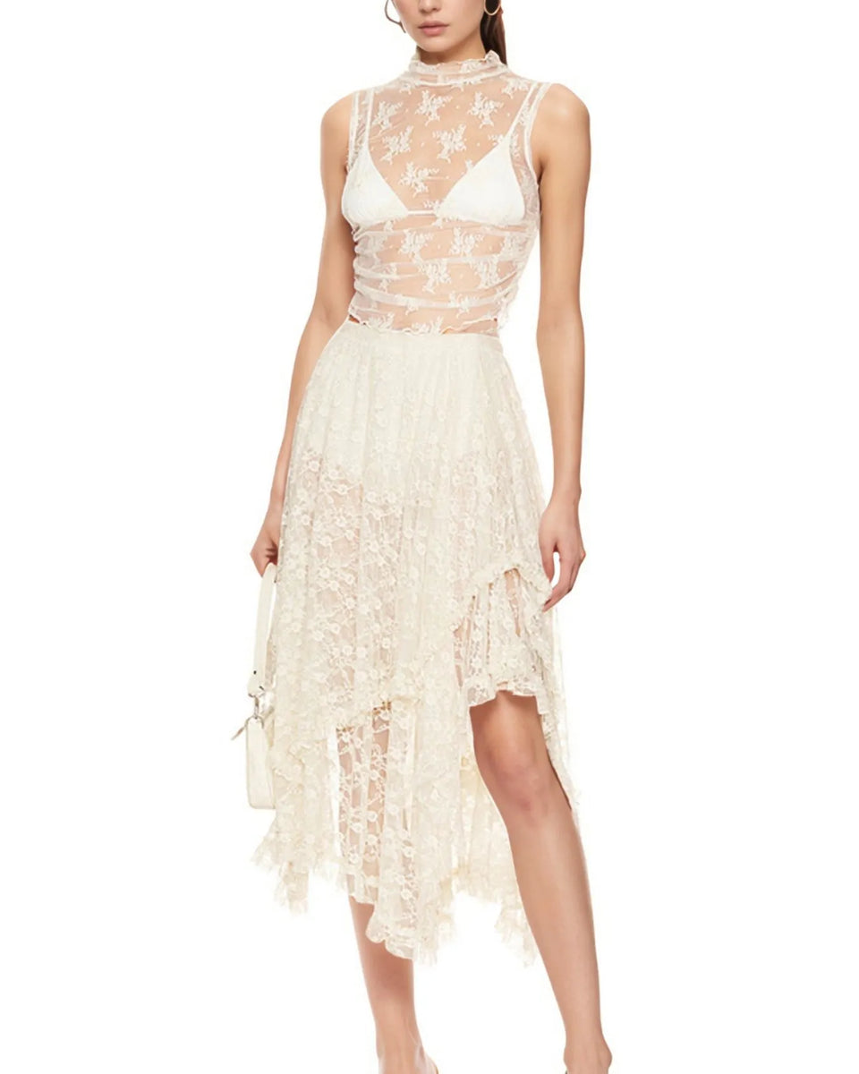 Babe Beachwear lace sheer summer vacation dress with asymmetrical hem and floral pattern