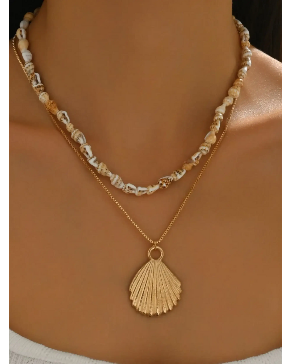 Trendsi Layered Shell Necklace featuring small natural shells and gold seashell pendant on two chains