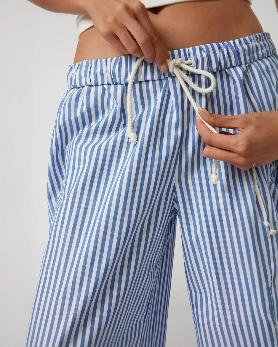 Babe Beachwear wide leg pants featuring lightweight summer stripped beach pants design with drawstring waist