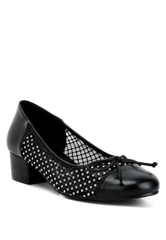 Rag Company black mesh ballet flats for women with small heel and bow detail