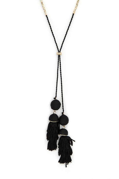 Babe Beachwear Long Tassel Necklace Boho Chic with black tassels and gold chain details