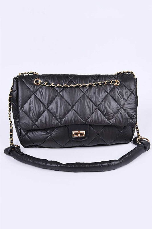 Babe Beachwear Look a Like Lambskin Flap Bag in black quilted design with gold chain strap