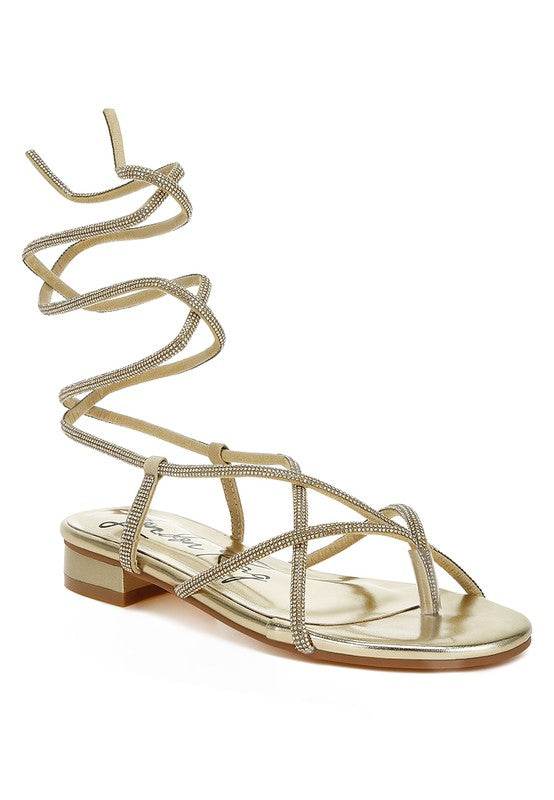Rag Company gold strappy sandals with ankle wrap and low block heel for stylish comfort