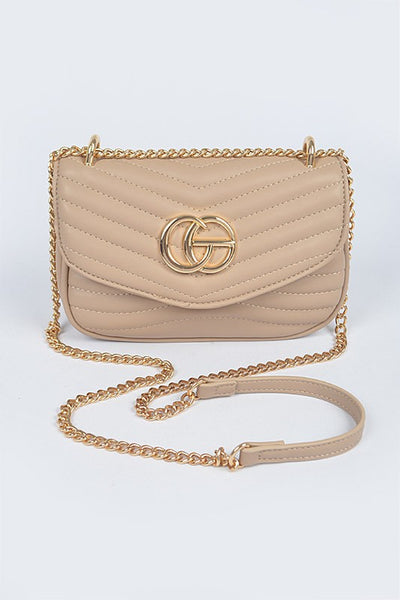 Babe Beachwear luxury GC Logo Chain Flap Bag in beige with gold chain strap and quilted design