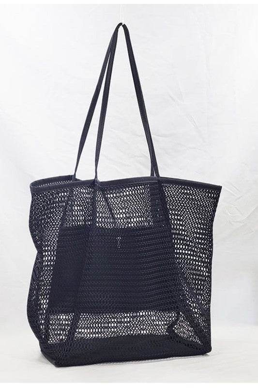 Black Mesh Beach Bag Tote Bag with long handles by Babe Beachwear perfect for beach trips