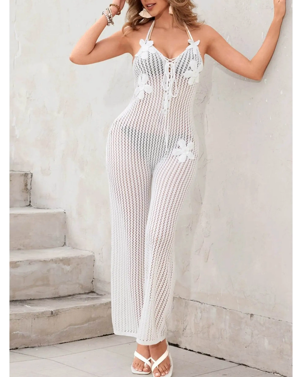 Babe Beachwaer white Mesh Halter swimsuit Jumpsuit with floral details and lace-up front
