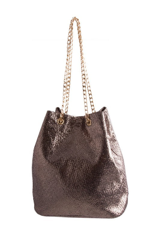 Babe Beachwear metallic animal print tote bag with gold chain straps and shiny textured finish