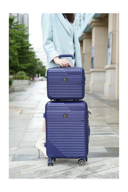 MKF Hard Case Luggage 2 Piece Set in navy blue with textured stripes and spinner wheels