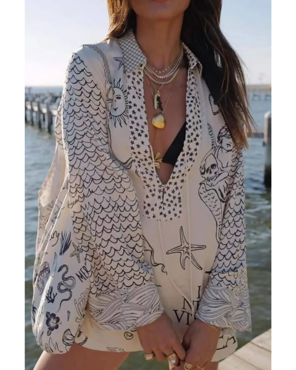 Trendsi Nautical Print Top and Shorts Set featuring ocean-inspired designs with long sleeves and relaxed fit