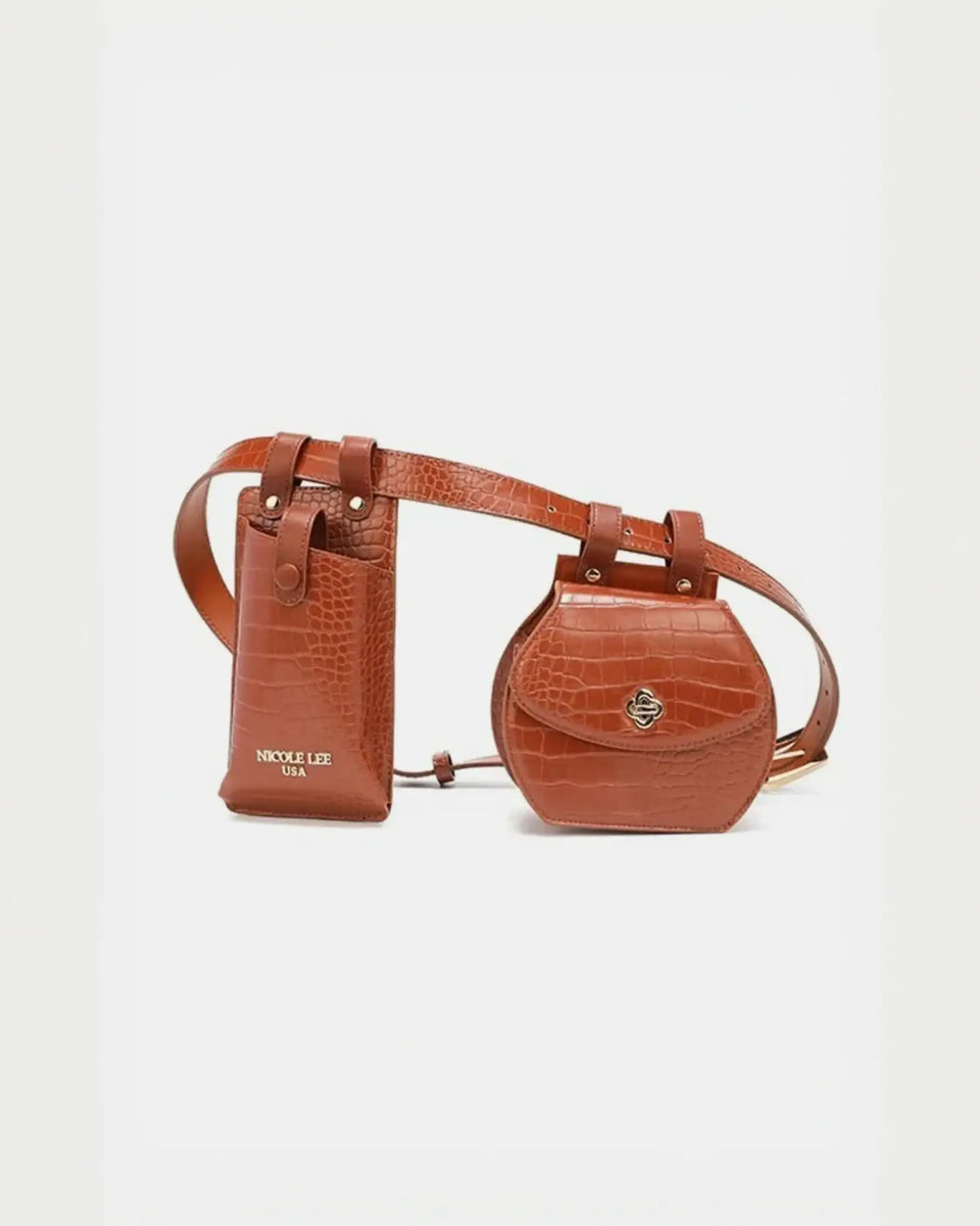 Babe Beachwear brown faux crocodile leather belt bag with dual pouch design and adjustable strap