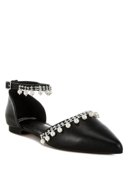 Rag Company black pearl embellished summer sandals with ankle strap and pointed toe design black front side