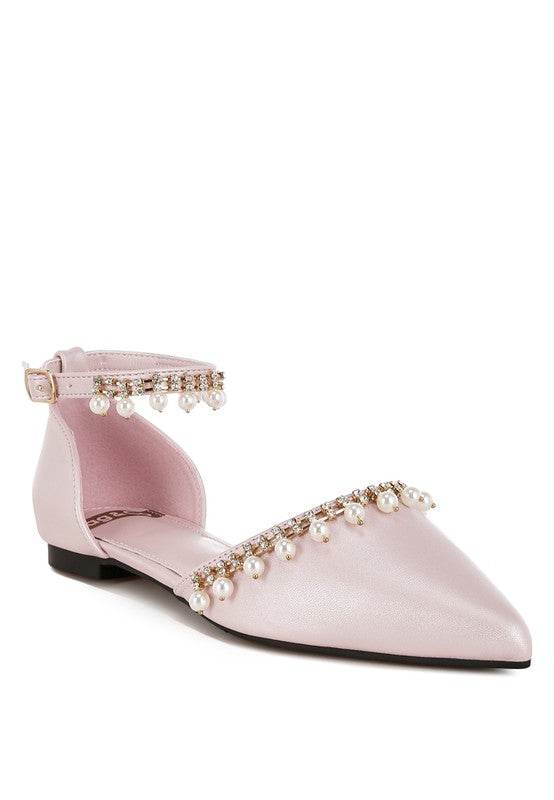 Rag Company pearl embellished summer sandals in light pink with ankle strap and pointed toe
