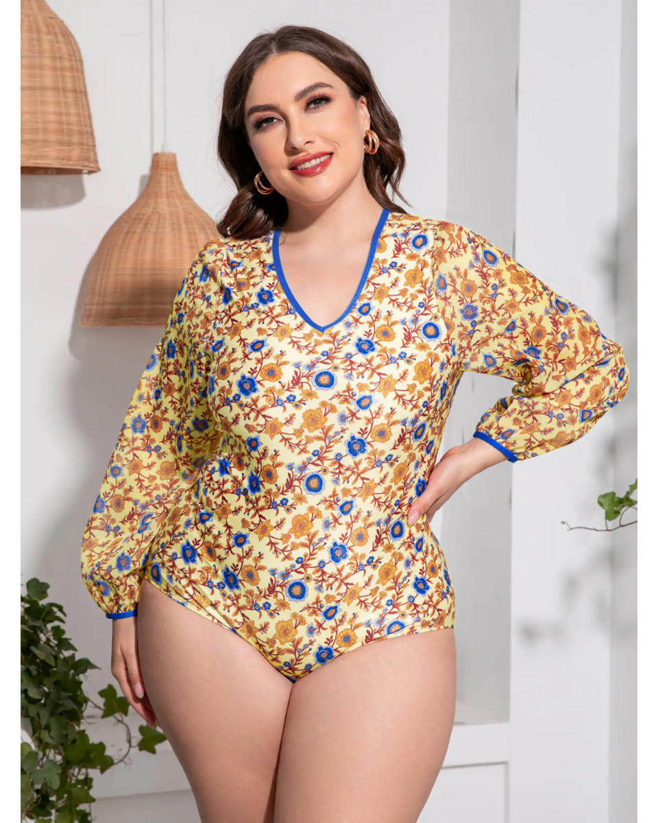 Beach Babes plus size one piece swimsuit with sleeves in floral print and blue trim