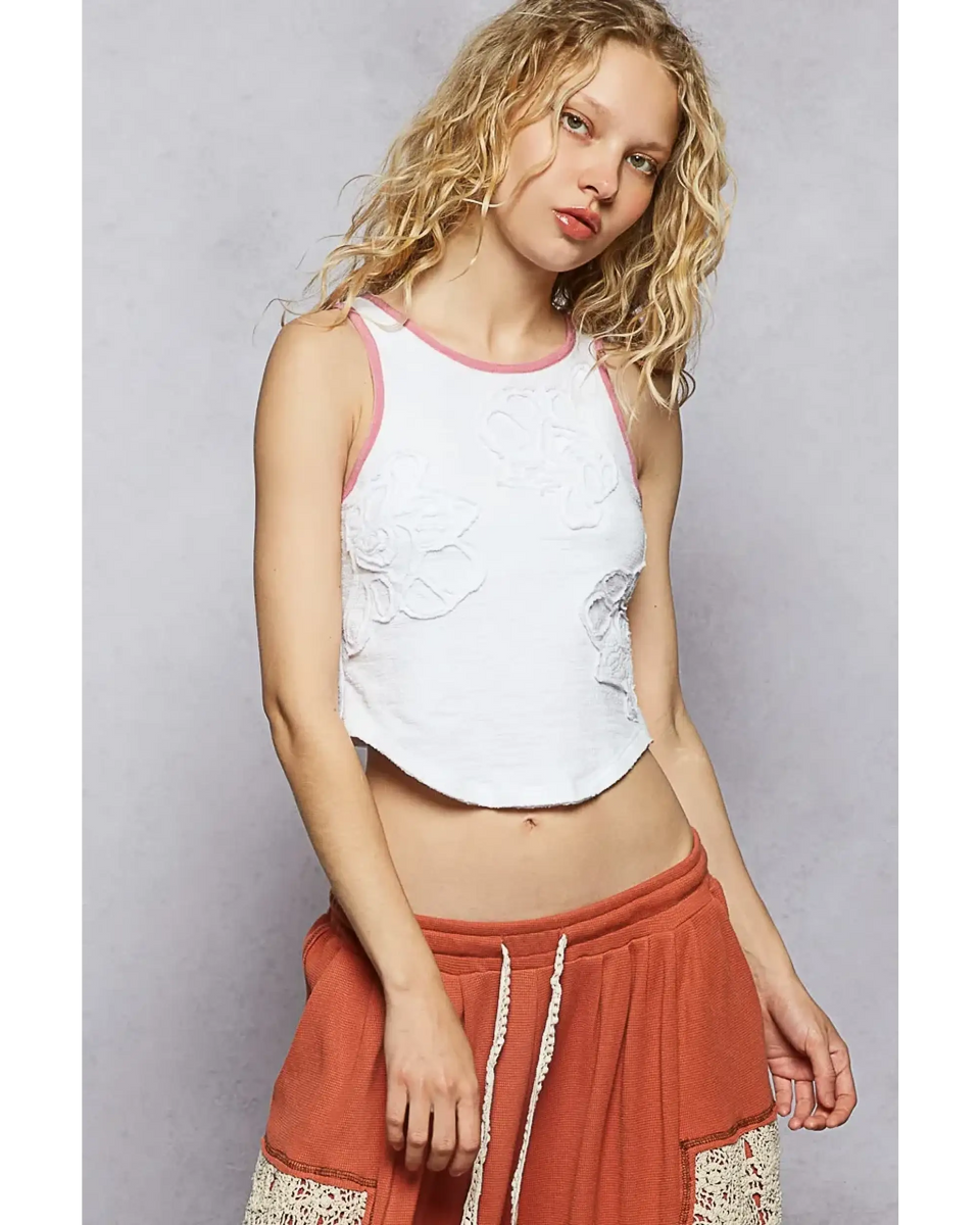 Trendsi white tank top with pink trim sleeveless top worn by model with casual pants