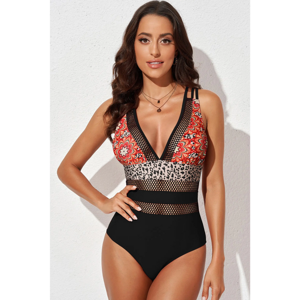 Mesh Plunge Neck One Piece Swimsuit - Beach Babes Beachwear - Fort Lauderdale red