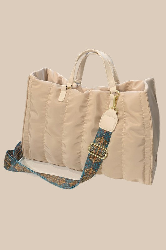 Babe Beachwear Puffer Tote Bag With Shoulder Straps in beige with a patterned adjustable strap