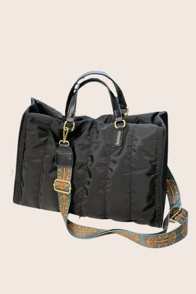 Babe Beachwaer black Puffer Tote Bag With Shoulder Straps featuring decorative patterned adjustable strap