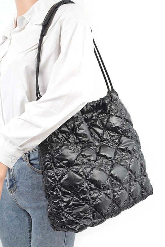 Babe Beachwear Quilted Designer Style Puffer Tote black bag worn over shoulder with quilted pattern
