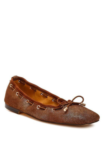 Rag Company brown bow ballerina flats for women with suede texture and decorative bow detail