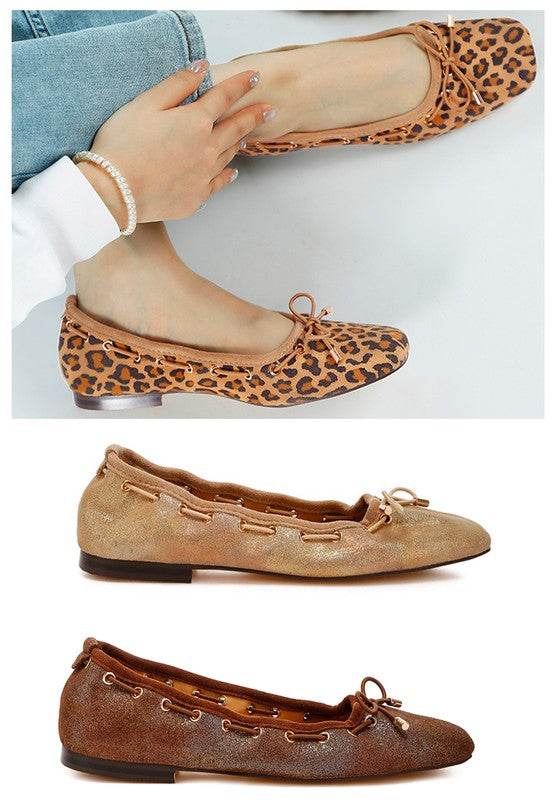 Rag Company bow ballerina flats for women in leopard print, gold, and bronze colors with bow detail