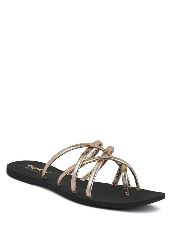 Babe Beachwear chic metallic flat slip-ons with multiple thin straps and a black sole
