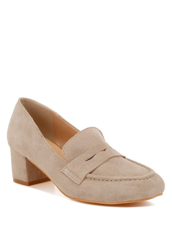 Rag Company beige genuine suede dressy loafers with block heel and classic loafer design