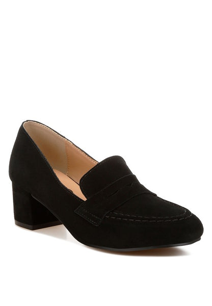 Rag Company black genuine suede dressy loafers with block heel and stitched detailing