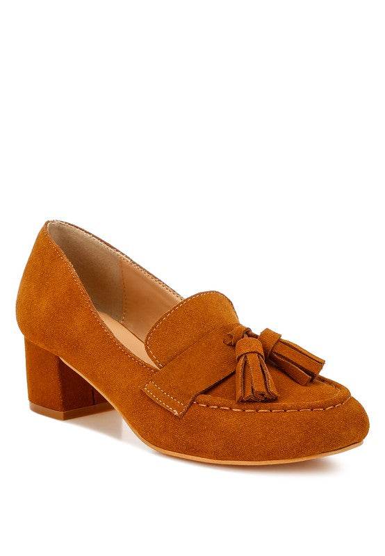 Genuine Suede Loafers with Aloha Tassel Detail by Rag Company in rich brown with block heel