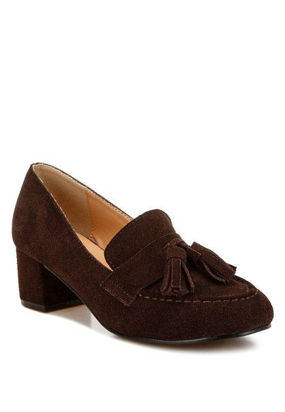Rag Company Genuine Suede Loafers with Aloha Tassel Detail in dark brown with low block heel