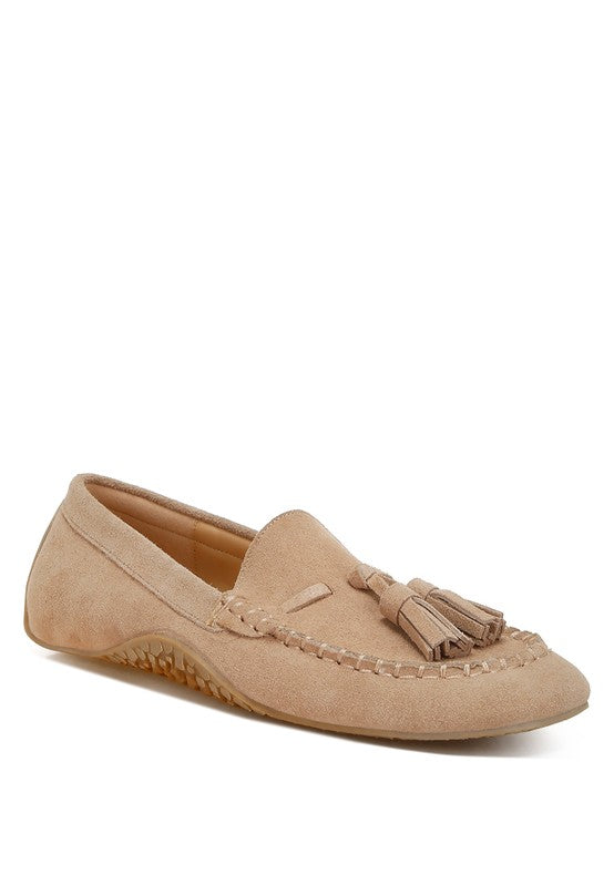 Rag Company kipstar leather loafers in beige with tassel detail and textured sole