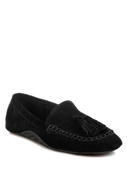 Rag Company black kipstar leather loafers with tassel detail and stitched trim design