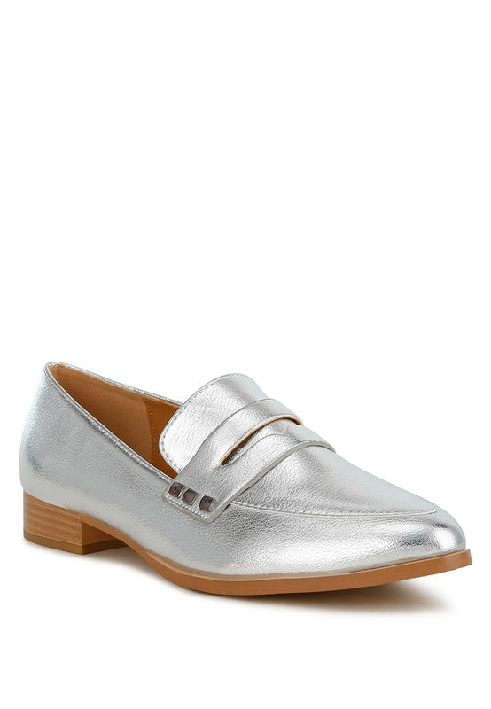 Rag Company metallic penny loafers for women in silver with low wooden heel and smooth finish2