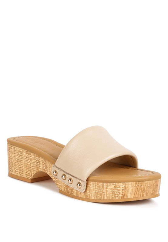 Rag Company beige clog wooden sandals with open toe and studded detail on platform heel