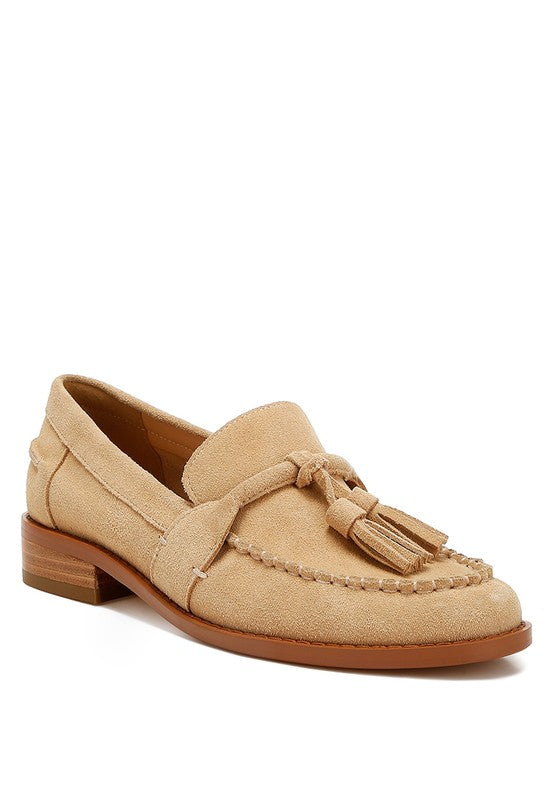 Rag Company beige genuine leather summer loafers with tassel detail and low wooden heel