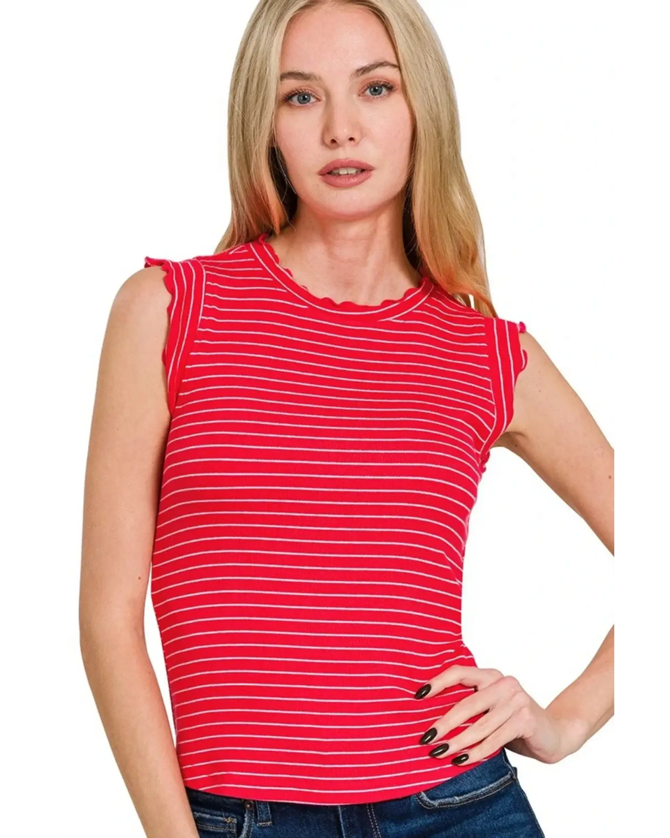 Trendsi red and white striped sleeveless ruffle sleeve summer top worn by woman