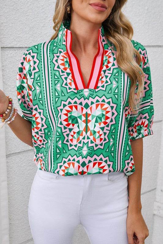 EG fashion resort wear dolman sleeve blouse with colorful geometric butterfly print and short sleeves