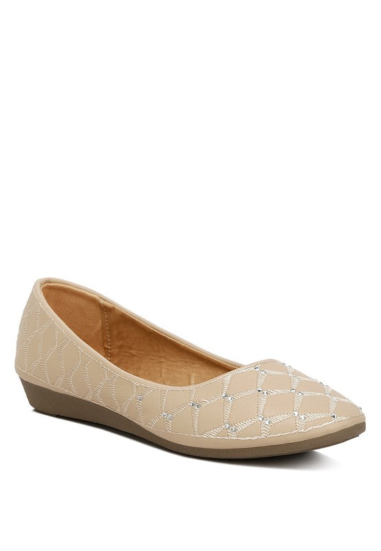 Rag Company rhinestone ballet flats for women in beige with geometric pattern and low wedge heel