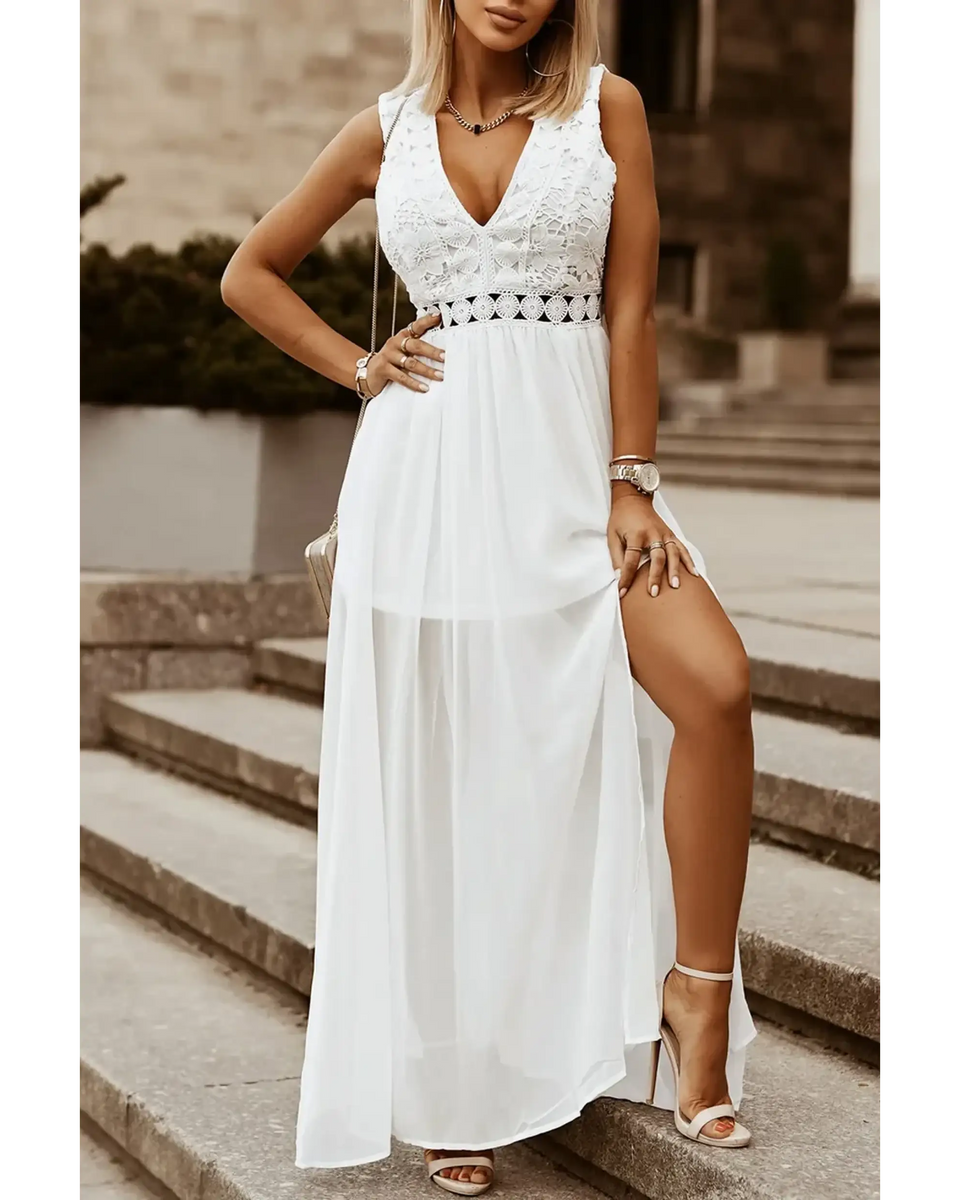 model in white dress front Sashay in Style: White Lace Maxi Dress with Slit for Resort Wear - Beach Babes Beachwear - Fort Lauderdale